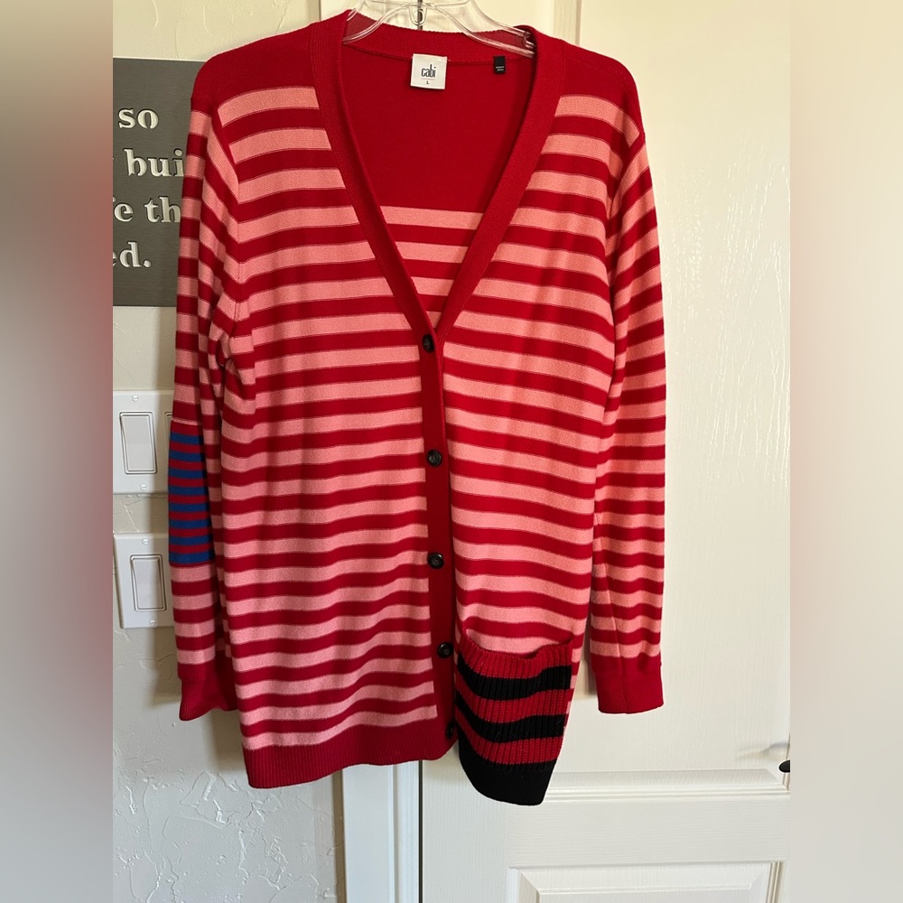 Cabi Red and Pink Striped Picnic Cardigan